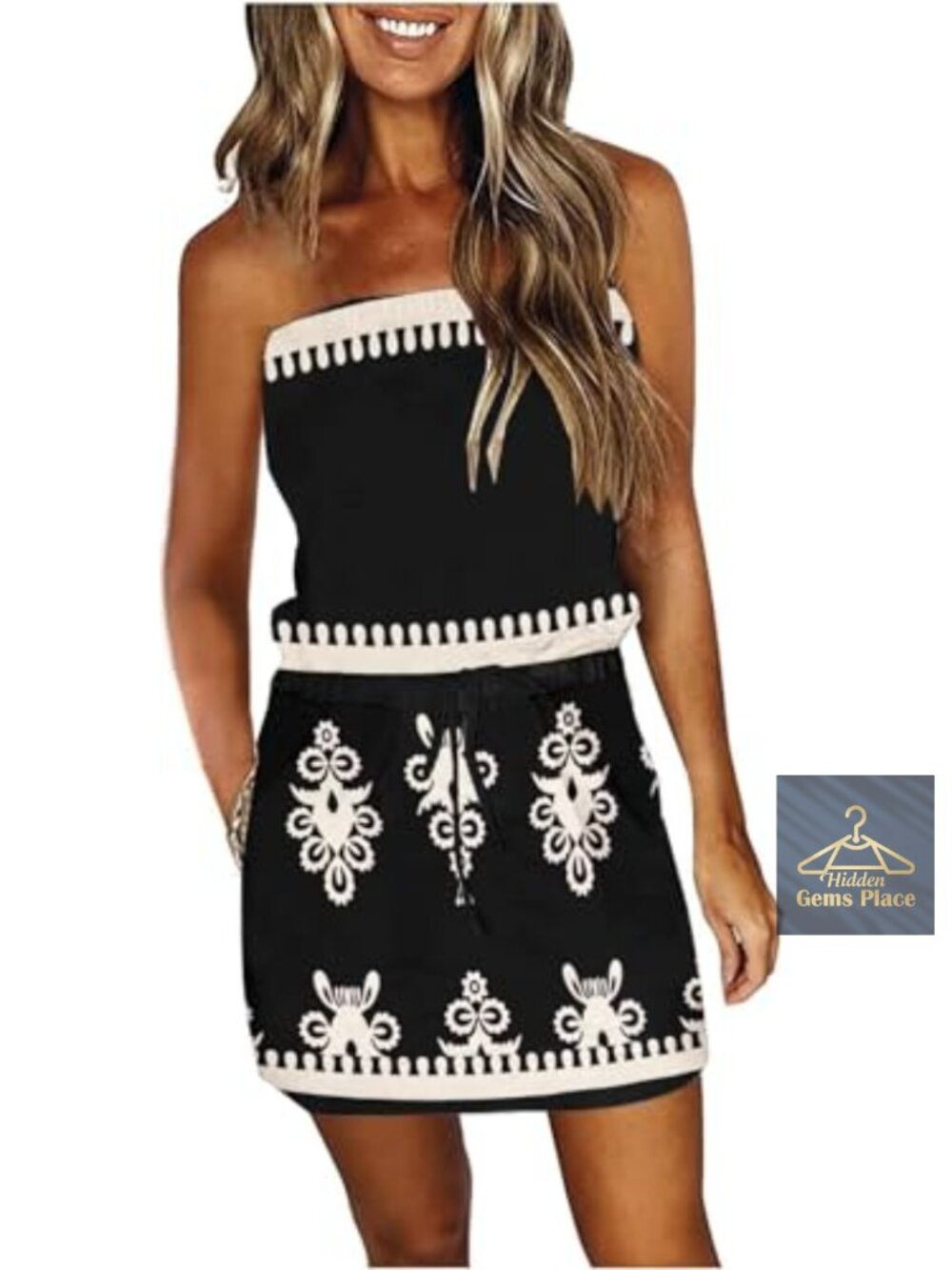Women's Strapless Boho Sundress Mini Beach Cover-Up with Pockets